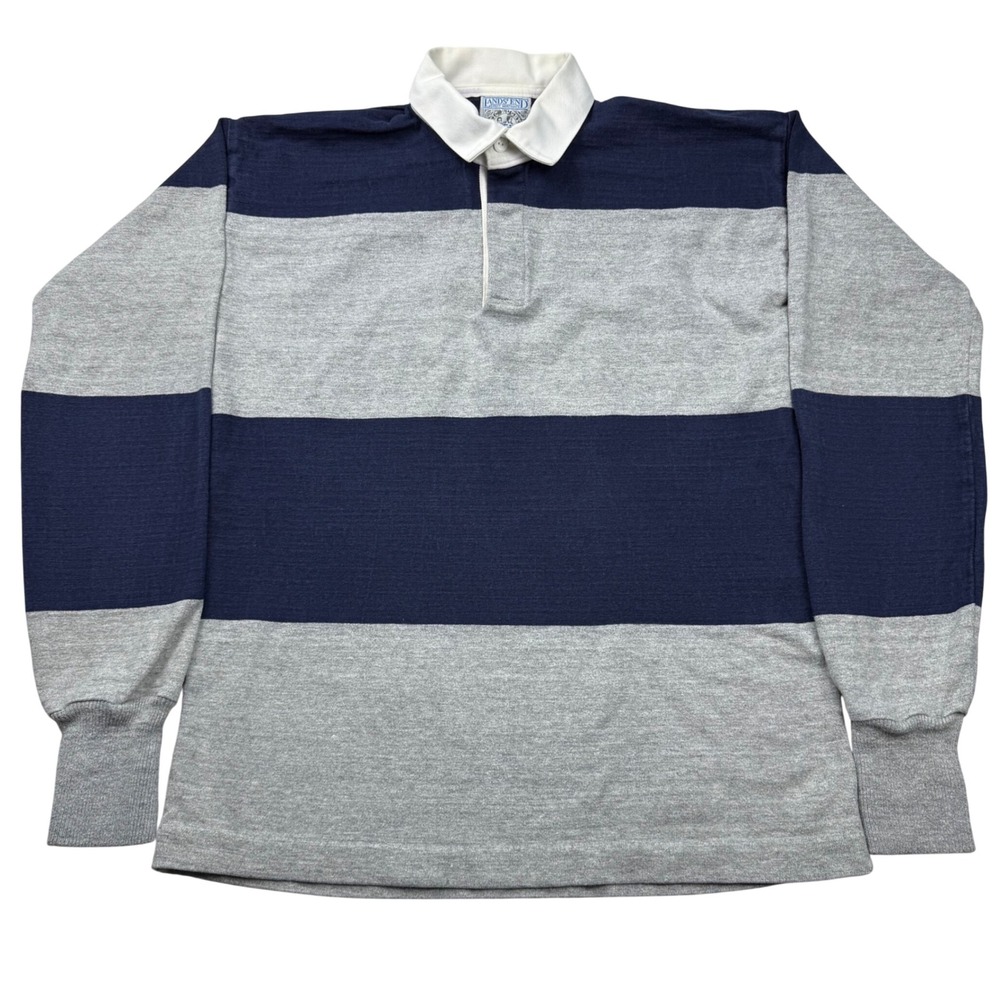 Vintage Lands End Rugby Shirt Mens Large USA Made Blue Gray Striped Long Sleeve